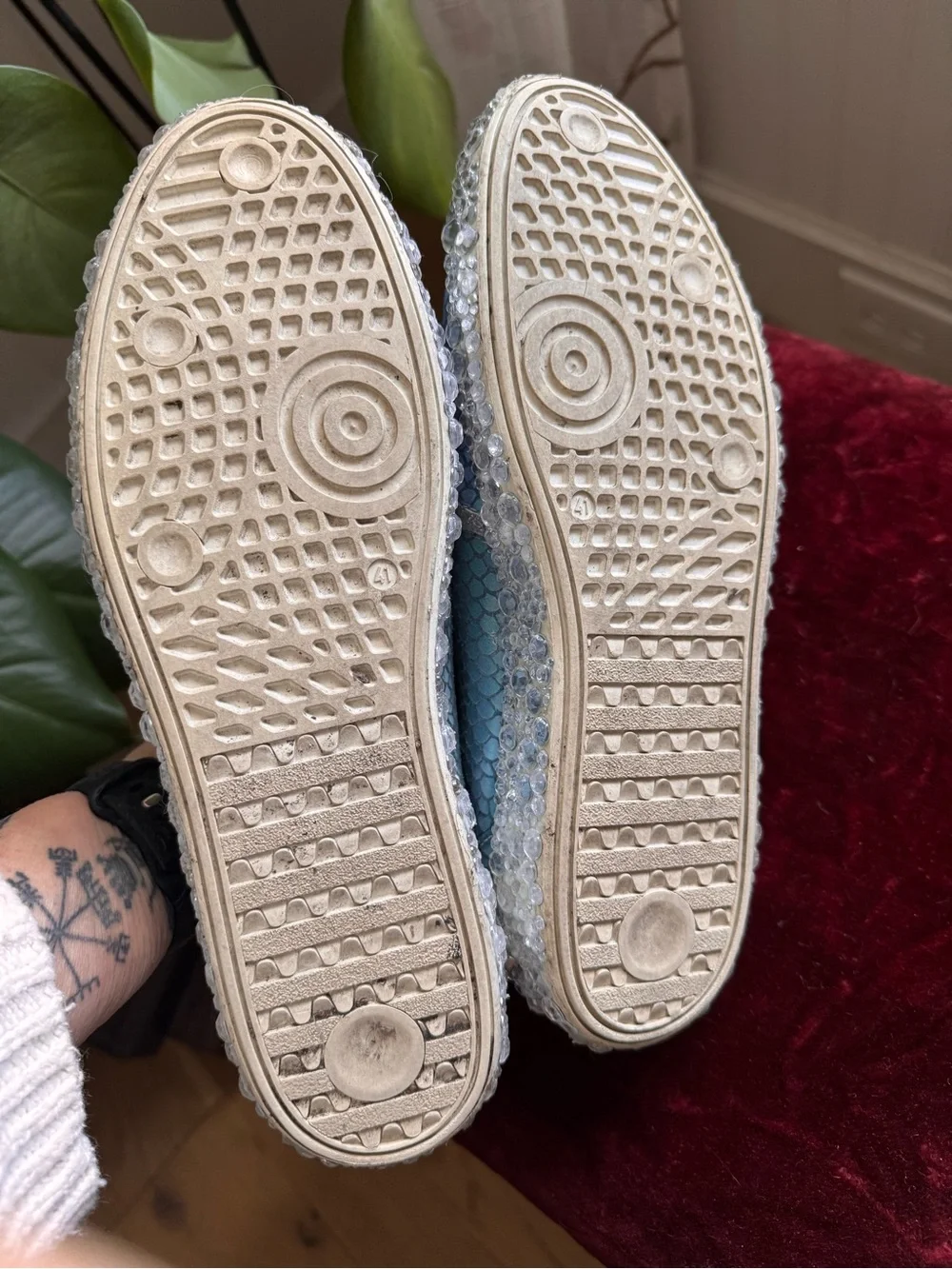 Iridescent Aqua Upcycled Slip-On Sneakers with Scaled Texture and Rhinestones